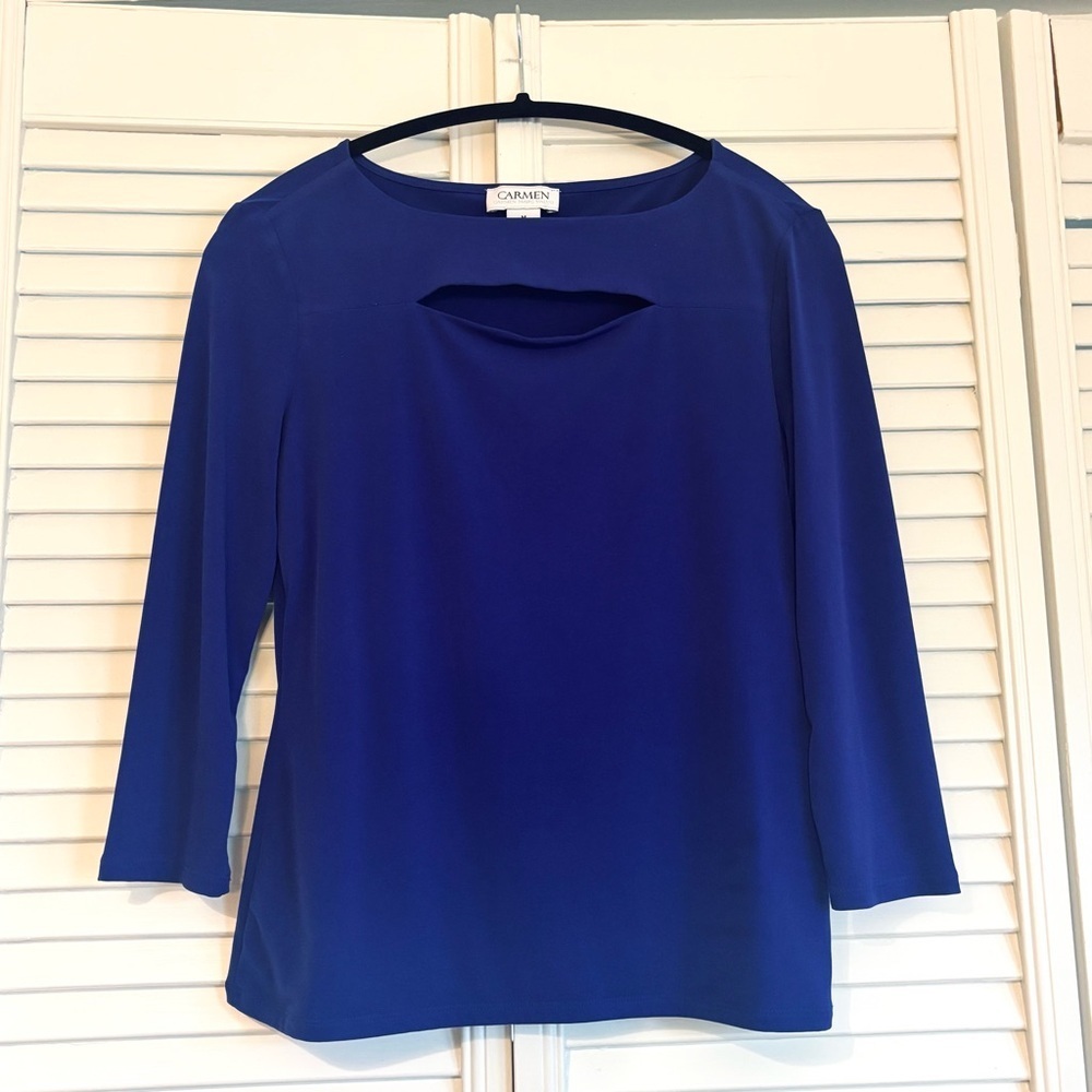 Carmen Marc Valvo Navy Blue 3/4 Length Sleeve Blouse Shirt Size Medium M